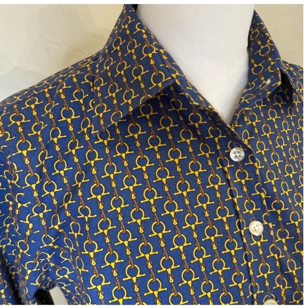 Blue Polo Equestrian Lover Hermes Print Horse Bit  Button Down Shirt Blouse 8P